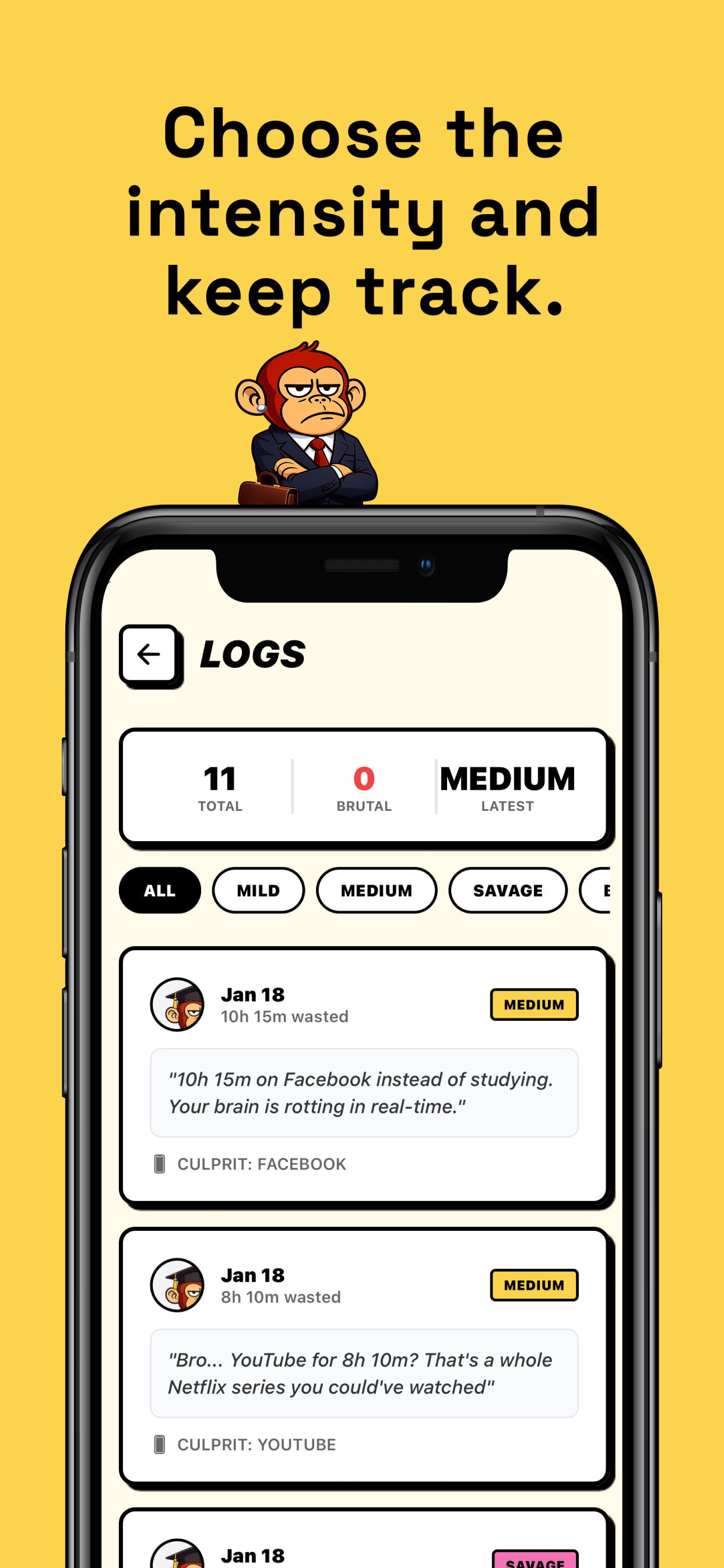 Awful Monkey activity logs tracking screen